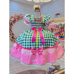 Vestido Infantil Junino Caipira Xadrez Verde e Branco Luxo