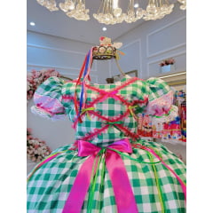 Vestido Infantil Junino Caipira Xadrez Verde e Branco Luxo