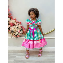 Vestido Infantil Junino Caipira Xadrez Verde e Branco Luxo
