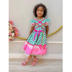 Vestido Infantil Junino Caipira Xadrez Verde e Branco Luxo