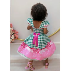 Vestido Infantil Junino Caipira Xadrez Verde e Branco Luxo