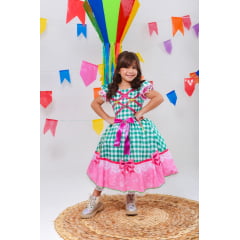 Vestido Infantil Junino Caipira Xadrez Verde e Branco Luxo