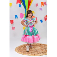 Vestido Infantil Junino Caipira Xadrez Verde e Branco Luxo