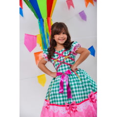 Vestido Infantil Junino Caipira Xadrez Verde e Branco Luxo