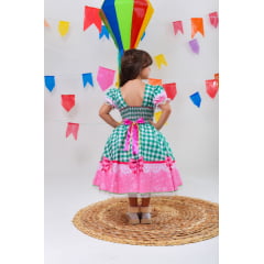 Vestido Infantil Junino Caipira Xadrez Verde e Branco Luxo