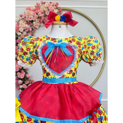 Vestido Infantil Junino Festa Arraiá Amarelo Florzinhas Coloridas