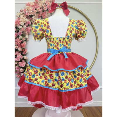 Vestido Infantil Junino Festa Arraiá Amarelo Florzinhas Coloridas
