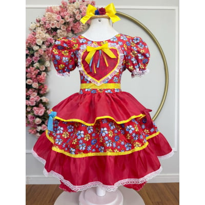 Vestido Infantil Junino Festa Arraiá Vermelho Florzinhas Coloridas