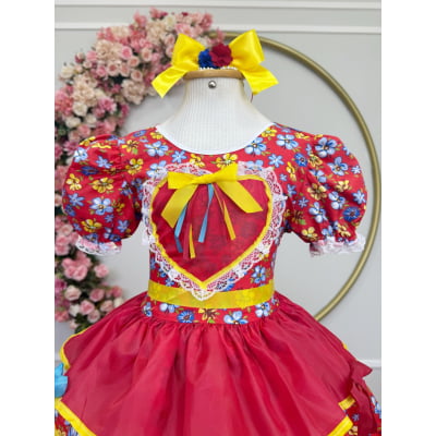 Vestido Infantil Junino Festa Arraiá Vermelho Florzinhas Coloridas
