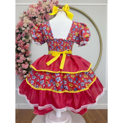Vestido Infantil Junino Festa Arraiá Vermelho Florzinhas Coloridas