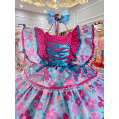 Vestido Infantil Junino Festa Caipira Pink e Azul Florido