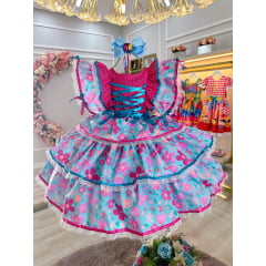 Vestido Infantil Junino Festa Caipira Pink e Azul Florido