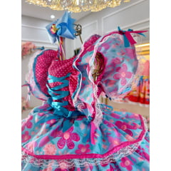 Vestido Infantil Junino Festa Caipira Pink e Azul Florido
