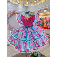 Vestido Infantil Junino Festa Caipira Pink e Azul Florido