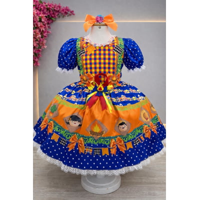 Vestido Infantil Junino Festa de São João Azul Royal Colorido
