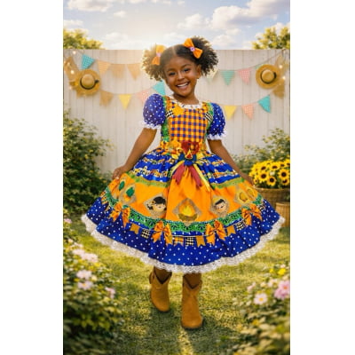 Vestido Infantil Junino Festa de São João Azul Royal Colorido