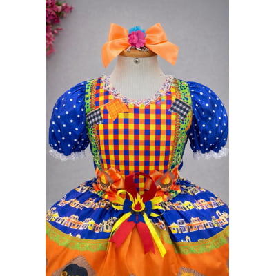 Vestido Infantil Junino Festa de São João Azul Royal Colorido