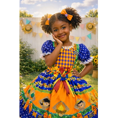 Vestido Infantil Junino Festa de São João Azul Royal Colorido