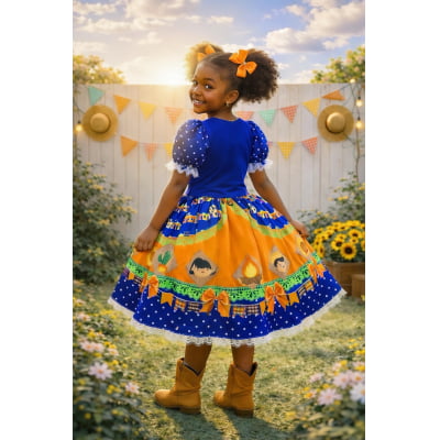 Vestido Infantil Junino Festa de São João Azul Royal Colorido
