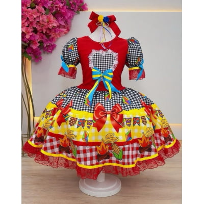 Vestido Infantil Junino Festa de São João Vermelho Xadrez Preto