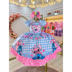 Vestido Infantil Junino Festa Lilo Stitch e Angel Azul