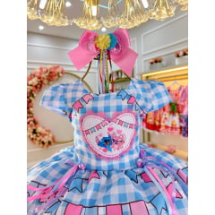 Vestido Infantil Junino Festa Lilo Stitch e Angel Azul