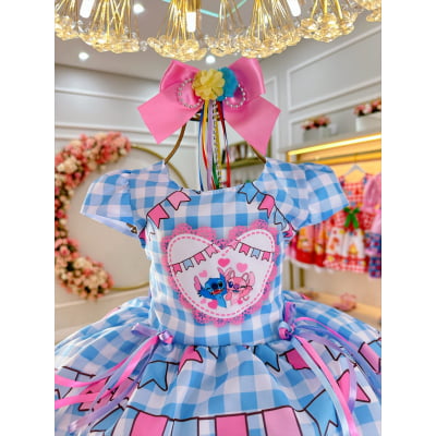 Vestido Infantil Junino Festa Lilo Stitch e Angel Azul
