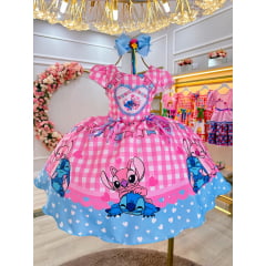 Vestido Infantil Junino Festa Lilo Stitch e Angel Rosa