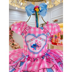 Vestido Infantil Junino Festa Lilo Stitch e Angel Rosa