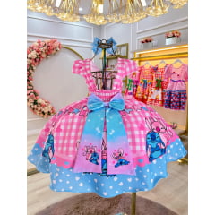 Vestido Infantil Junino Festa Lilo Stitch e Angel Rosa