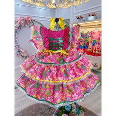 Vestido Infantil Junino Festa São João Caipira Pink Florido