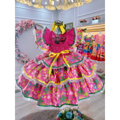 Vestido Infantil Junino Festa São João Caipira Pink Florido