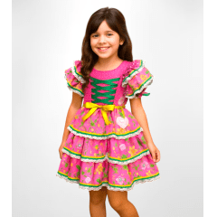 Vestido Infantil Junino Festa São João Caipira Pink Florido