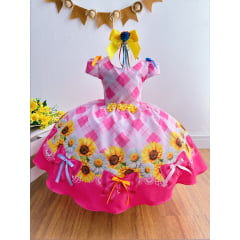 Vestido Infantil Junino Festa São João Xadrez Rosa Girassol