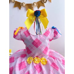 Vestido Infantil Junino Festa São João Xadrez Rosa Girassol
