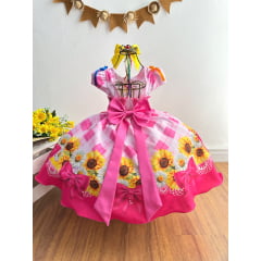 Vestido Infantil Junino Festa São João Xadrez Rosa Girassol