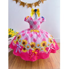 Vestido Infantil Junino Festa São João Xadrez Rosa Girassol