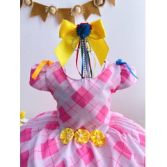 Vestido Infantil Junino Festa São João Xadrez Rosa Girassol