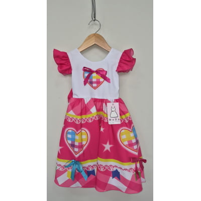 Vestido Infantil Junino Festas Arraiá Pink Coração Colorido Vestido Infantil Junino Festas Arraiá Pink Coração Colorido