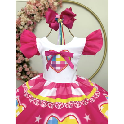 Vestido Infantil Junino Festas Arraiá Pink Coração Colorido