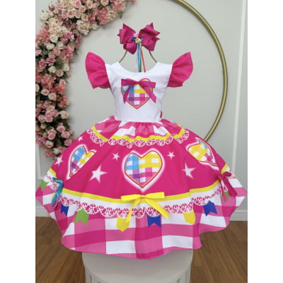 Vestido Infantil Junino Festas Arraiá Pink Coração Colorido