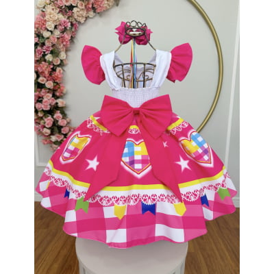 Vestido Infantil Junino Festas Arraiá Pink Coração Colorido