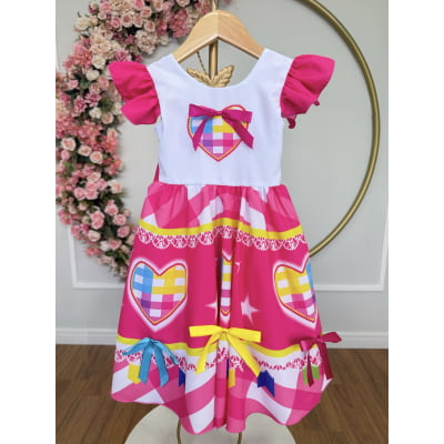 Vestido Infantil Junino Festas Arraiá Pink Coração Colorido
