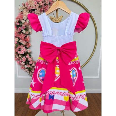 Vestido Infantil Junino Festas Arraiá Pink Coração Colorido