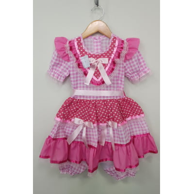 Vestido Infantil Junino Festas Arraiá Rosa Chiclete Xadrez Vestido Infantil Junino Festas Arraiá Rosa Chiclete Xadrez