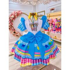 Vestido Infantil Junino Festas Azul Colorido Luxo