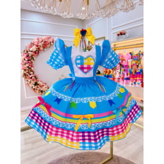 Vestido Infantil Junino Festas Azul Colorido Luxo