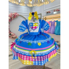Vestido Infantil Junino Festas Azul Colorido Luxo