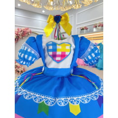 Vestido Infantil Junino Festas Azul Colorido Luxo