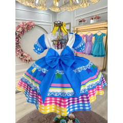 Vestido Infantil Junino Festas Azul Colorido Luxo